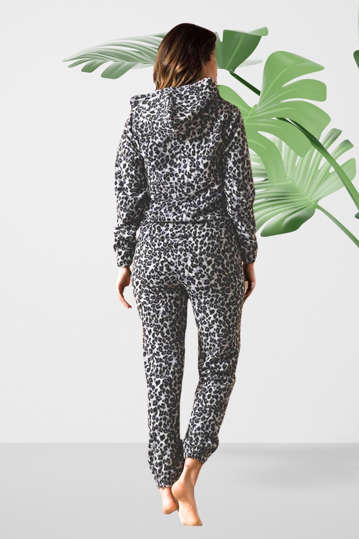 White Hooded Leopard Print Fleece Pajama Set