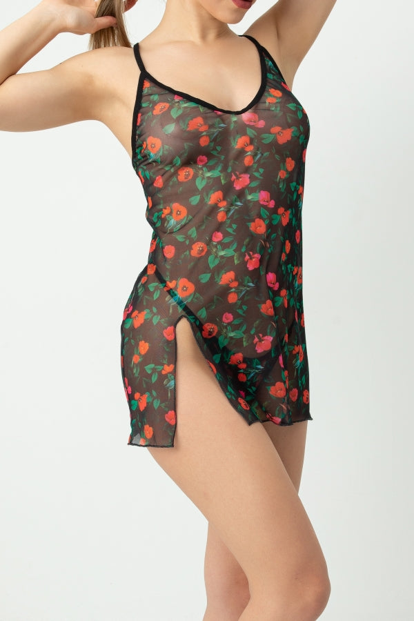 Sheer Patterned Spaghetti Strap Nightdress