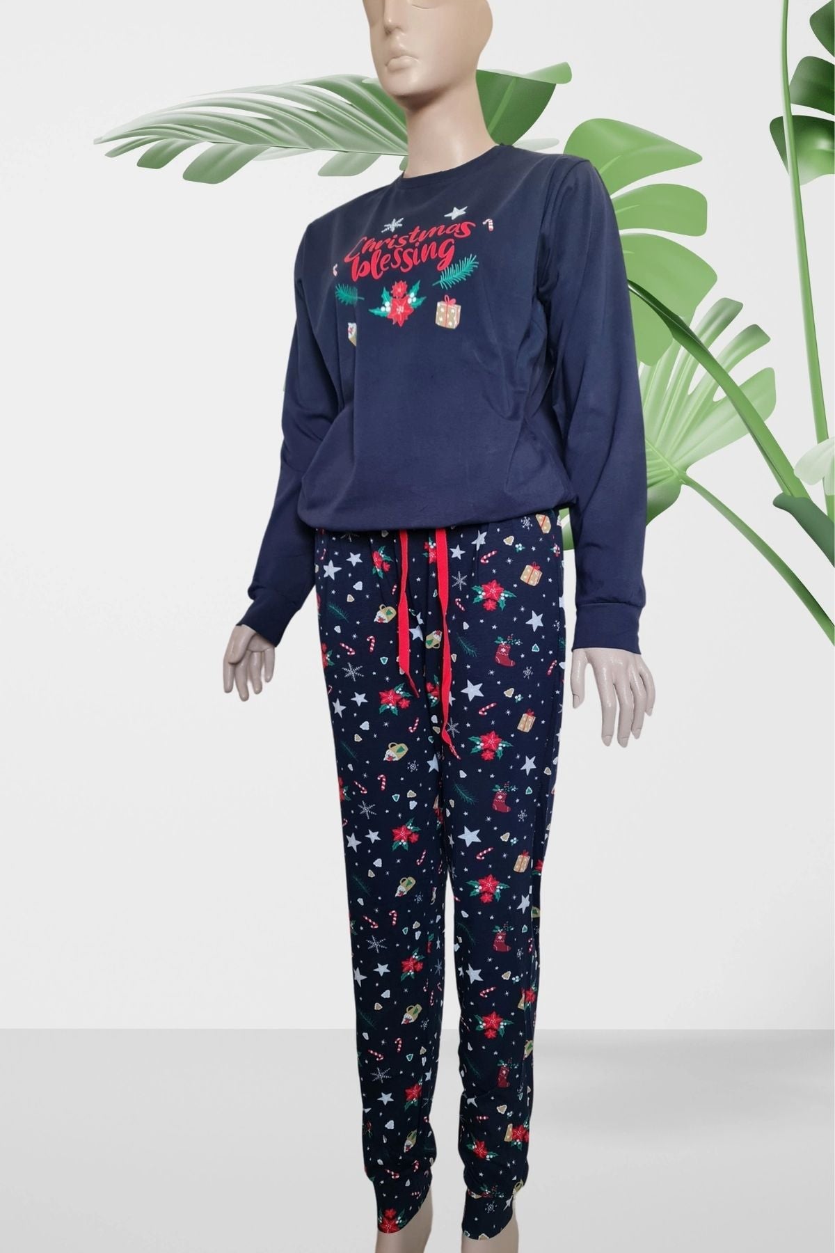 Lacivert Unisex Lastik Paça Yılbaşı Pijama Takımı
