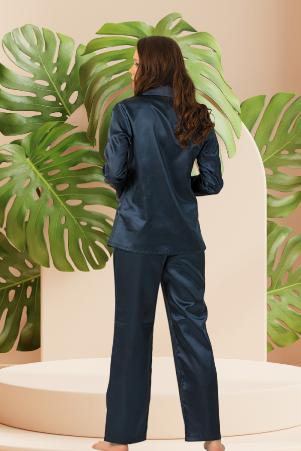 Navy Satin Long Sleeve Pajama Set