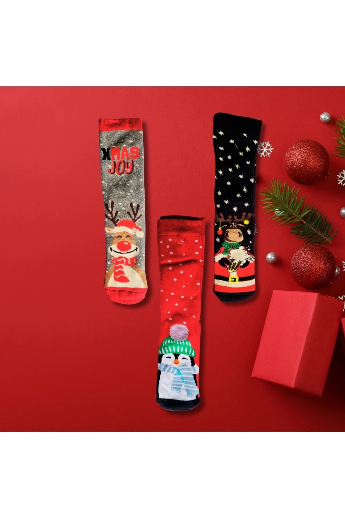 Yılbaşı Çorabı 3’lü Paket – Noel Baba ve Kış Temalı Hediye Seti