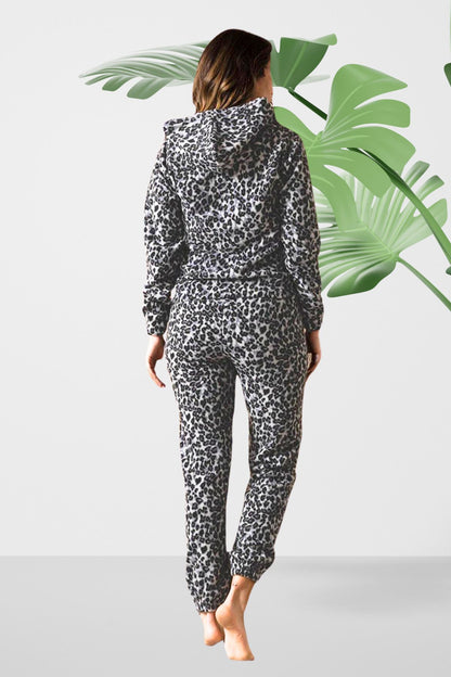 White Hooded Leopard Print Fleece Pajama Set