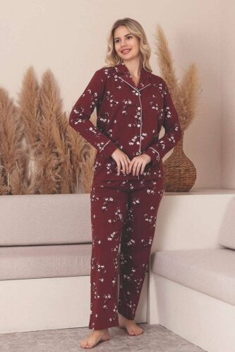 Burgundy Women’s 100% Cotton Long Sleeve Button-Up Pajama Set – Floral Stretch Jersey