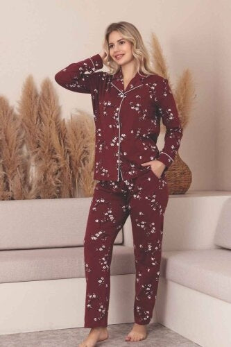 Burgundy Women’s 100% Cotton Long Sleeve Button-Up Pajama Set – Floral Stretch Jersey