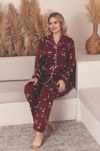 Burgundy Women’s 100% Cotton Long Sleeve Button-Up Pajama Set – Floral Stretch Jersey