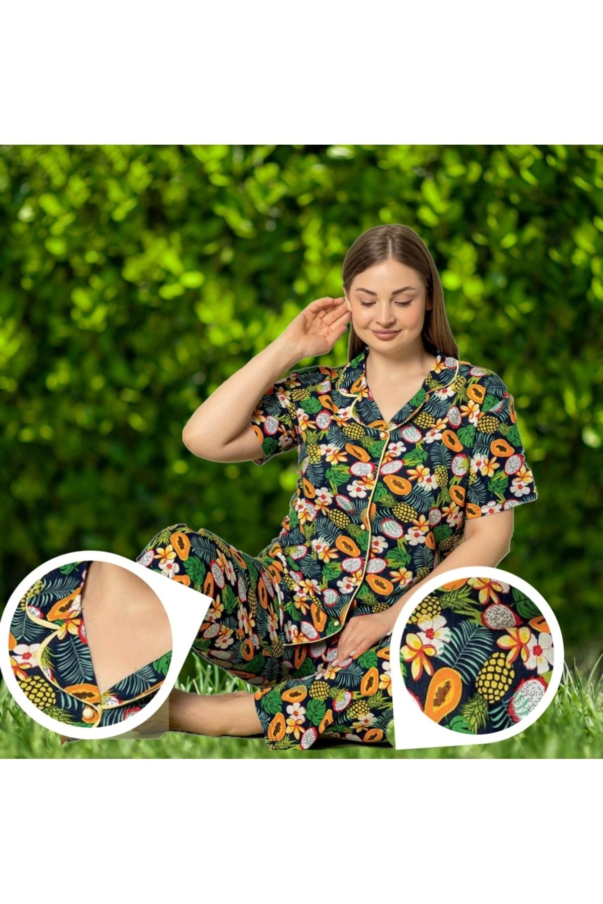 Büyük Beden Tropikal Desenli Kısa Kollu Pamuklu Pijama Takımı