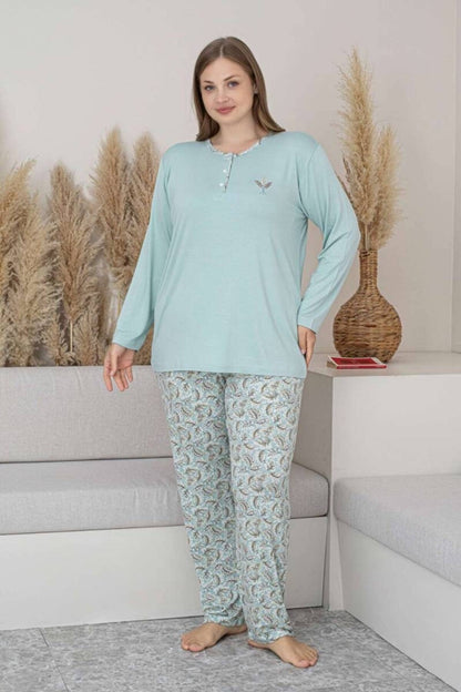 Plus Size Women’s Pajama Set – Mint Green Floral Long Sleeve Stretch Viscose
