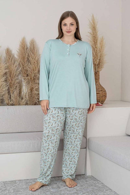 Plus Size Women’s Pajama Set – Mint Green Floral Long Sleeve Stretch Viscose