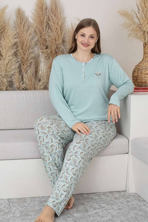 Plus Size Women’s Pajama Set – Mint Green Floral Long Sleeve Stretch Viscose