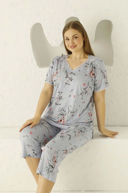 Büyük Beden Viskon Kısa Kollu Kapri Pijama Takımı