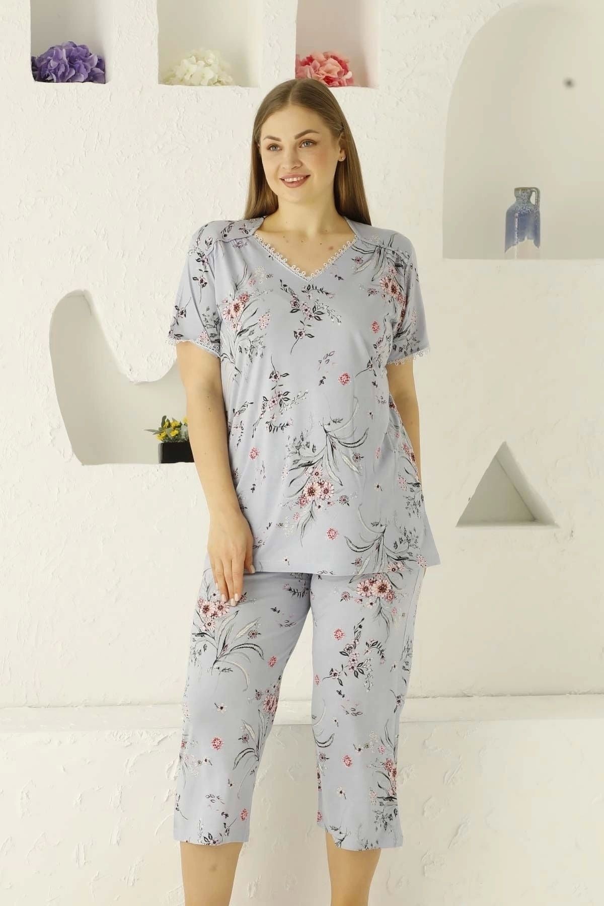 Büyük Beden Viskon Kısa Kollu Kapri Pijama Takımı