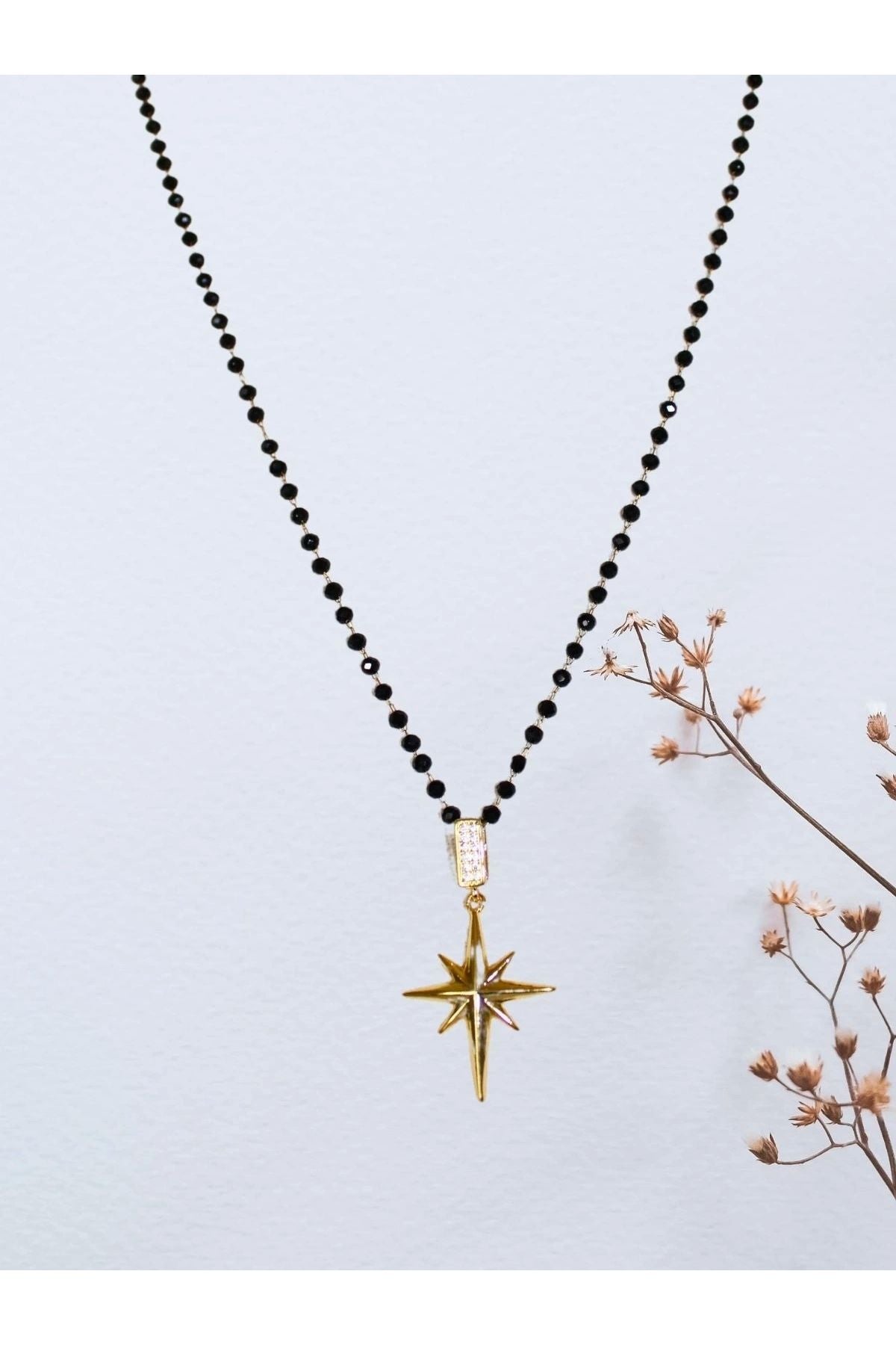 Gold North Star Pendant Necklace with Black Beads – 54 cm