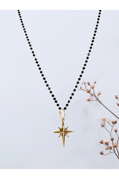Gold North Star Pendant Necklace with Black Beads – 54 cm