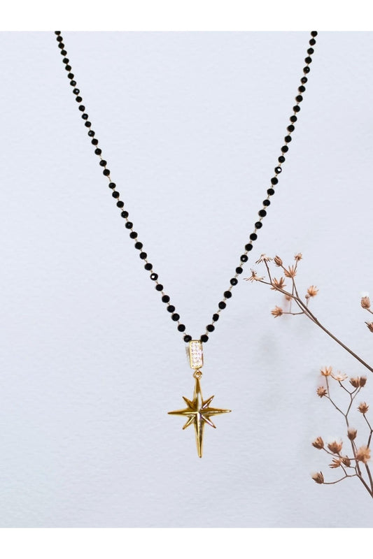 Gold North Star Pendant Necklace with Black Beads – 54 cm