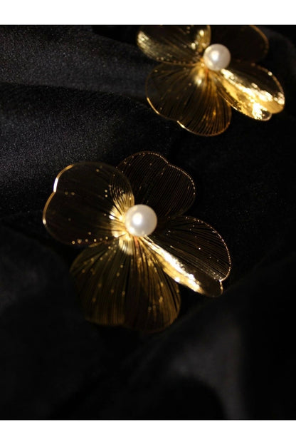 Gold Leaf Pearl Statement Earrings