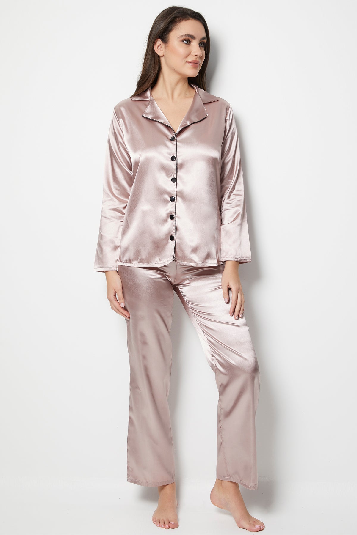 Kahverengi Saten Uzun Kollu Pijama Takımı