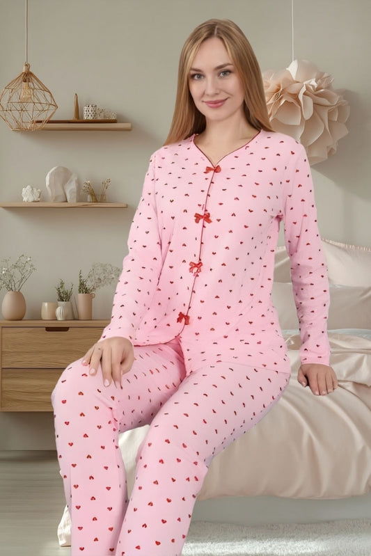 Women’s Pink Heart 100% Cotton Ribbed Pajama Set – Soft & Comfortable