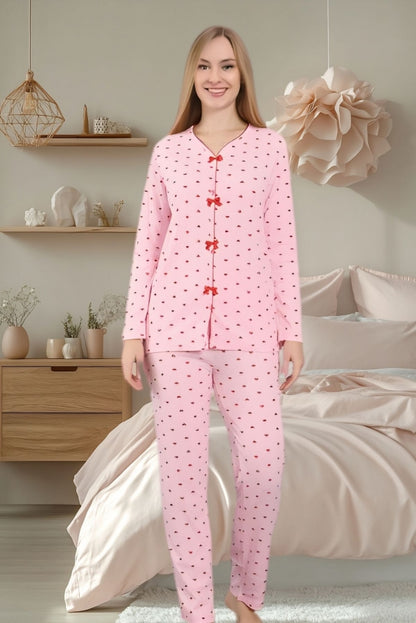 Women’s Pink Heart 100% Cotton Ribbed Pajama Set – Soft & Comfortable