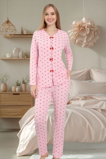 Women’s Pink Heart 100% Cotton Ribbed Pajama Set – Soft & Comfortable