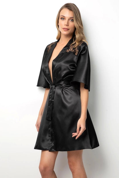 Women’s Black Lace Satin Robe