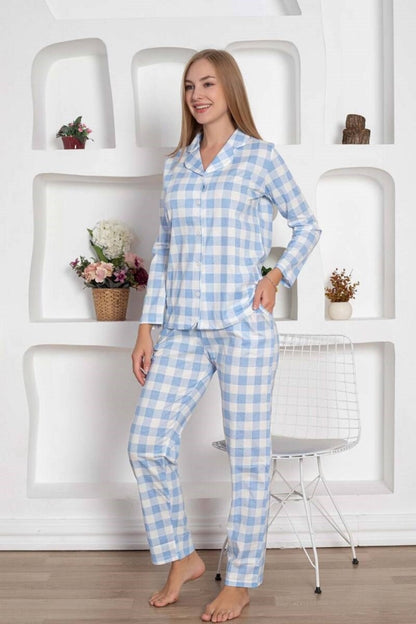 Women’s 100% Cotton Jersey Seasonal Long Sleeve Pajama Set with Pockets – Blue