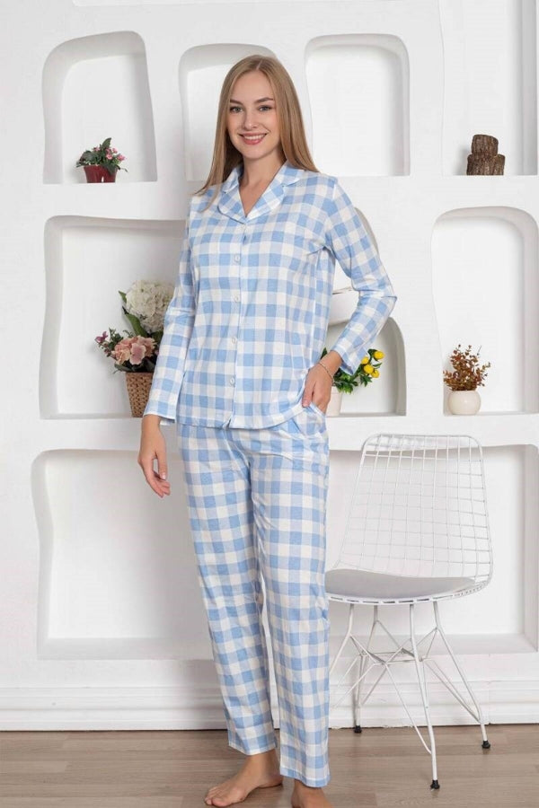 Women’s 100% Cotton Jersey Seasonal Long Sleeve Pajama Set with Pockets – Blue