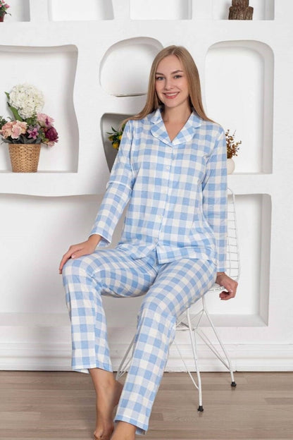 Women’s 100% Cotton Jersey Seasonal Long Sleeve Pajama Set with Pockets – Blue
