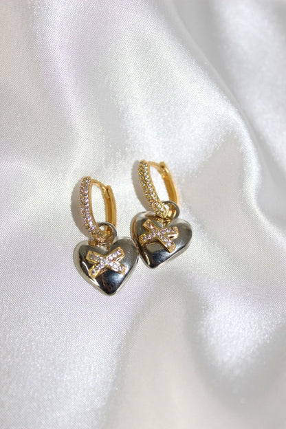 Gold Heart Dangle Earrings with Crystal Detail