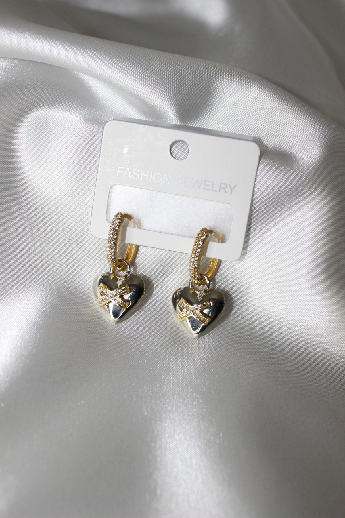 Gold Heart Dangle Earrings with Crystal Detail