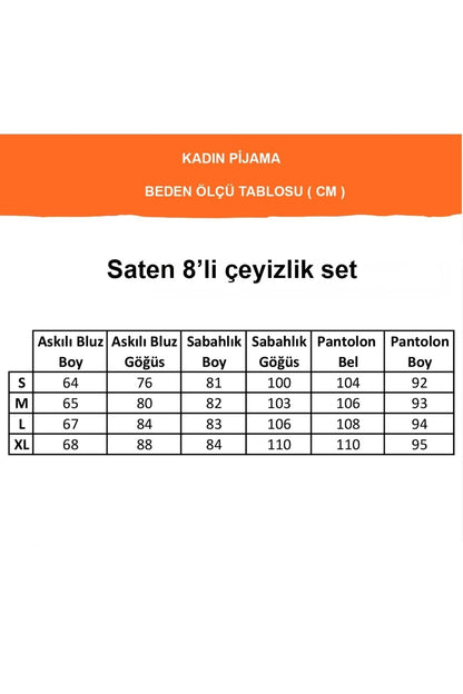 8 Parça Saten Gelin Seti – Kimono, Gecelik & Şortlu Pijama Takımı