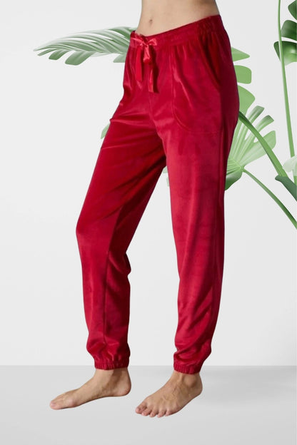Kırmızı Yumuşak Fransız Kadife Jogger Pijama Altı – Lastik Paça Lounge Pantolon