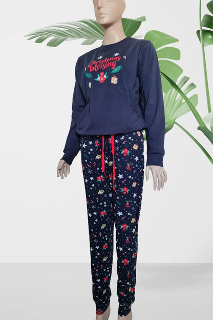 Lacivert Unisex Lastik Paça Yılbaşı Pijama Takımı