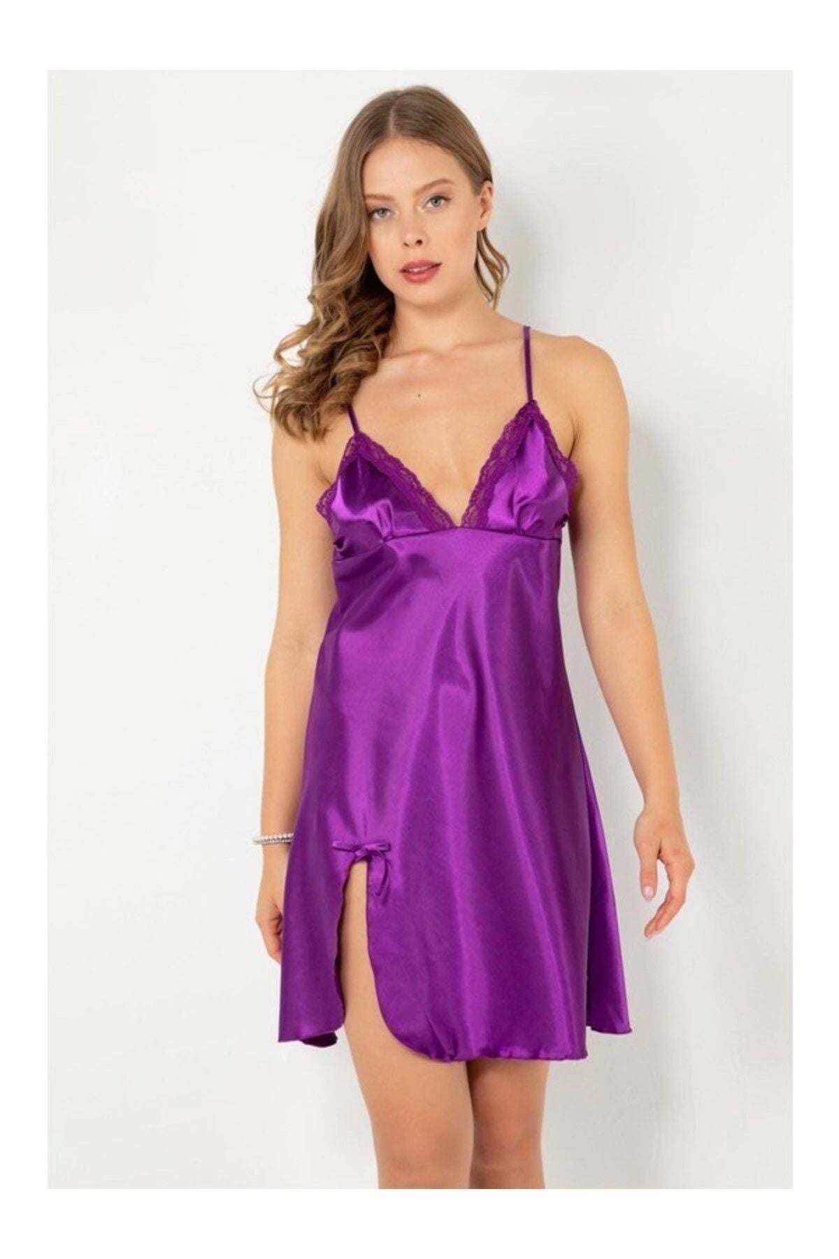 Slit Lace Detail Satin Nightdress