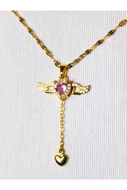Gold Pink Heart Pendant with Crystal Wings – 42 cm