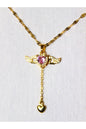 Gold Pink Heart Pendant with Crystal Wings – 42 cm