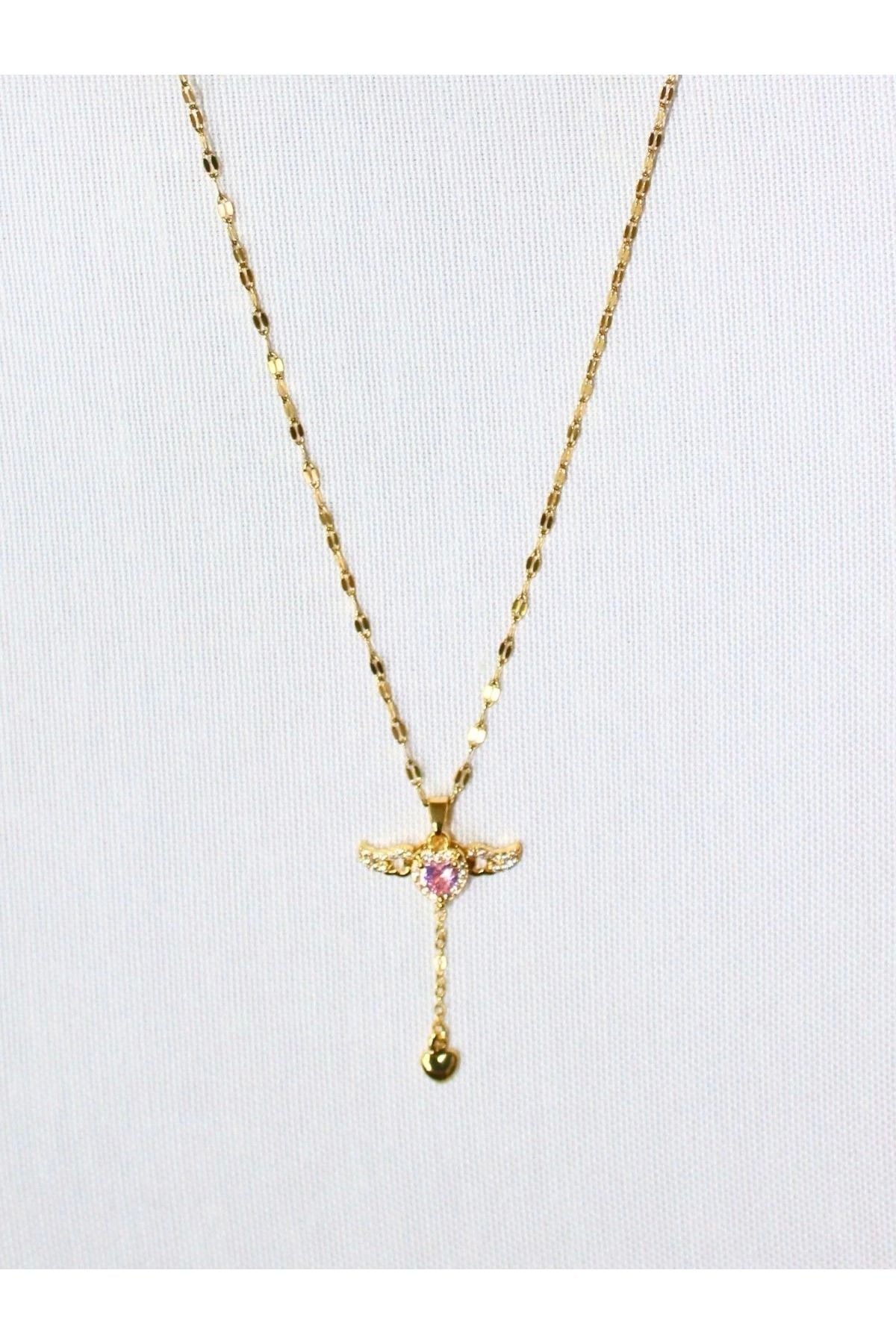 Gold Pink Heart Pendant with Crystal Wings – 42 cm