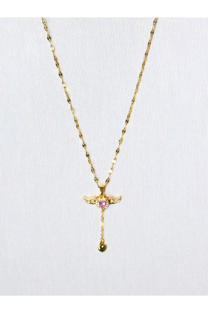 Gold Pink Heart Pendant with Crystal Wings – 42 cm
