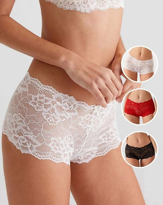3’lü Dantel Detaylı Boyshort Fantazi Külot Seti – Siyah, Ekru & Kırmızı