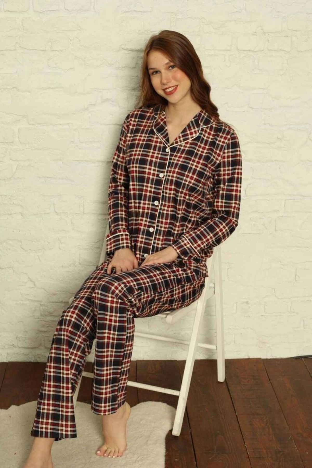 Tarçın Ekose Desenli Doğal Pamuklu Uzun Kollu Pijama Takımı