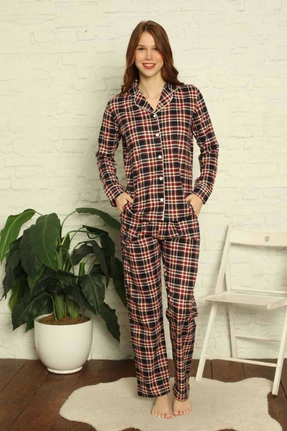 Tarçın Ekose Desenli Doğal Pamuklu Uzun Kollu Pijama Takımı