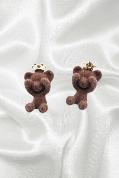 Brown Teddy Bear Drop Earrings with Crown Detail