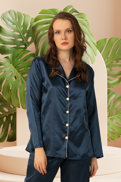 Navy Satin Long Sleeve Pajama Set