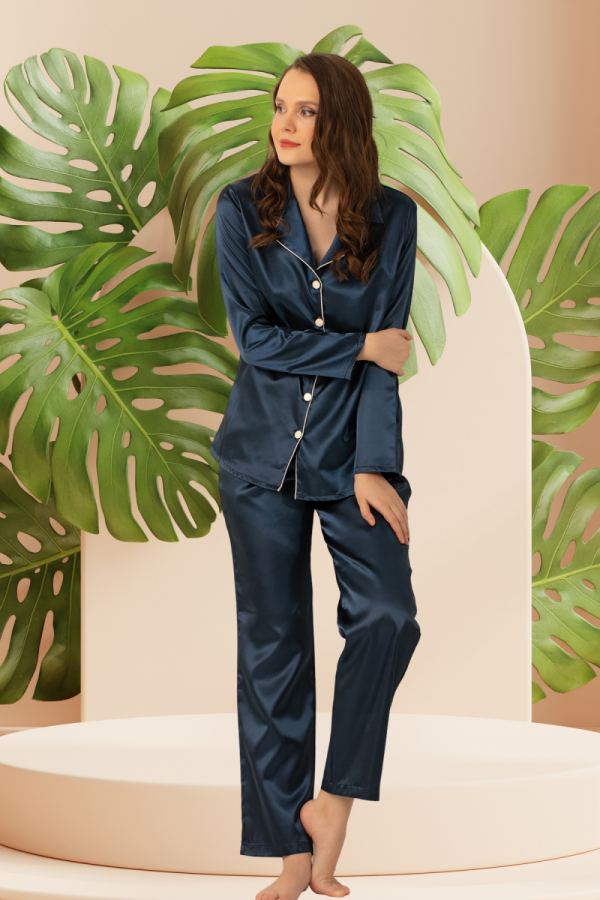 Navy Satin Long Sleeve Pajama Set