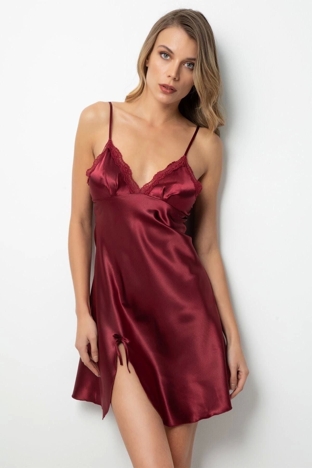 Slit Lace Detail Satin Nightdress